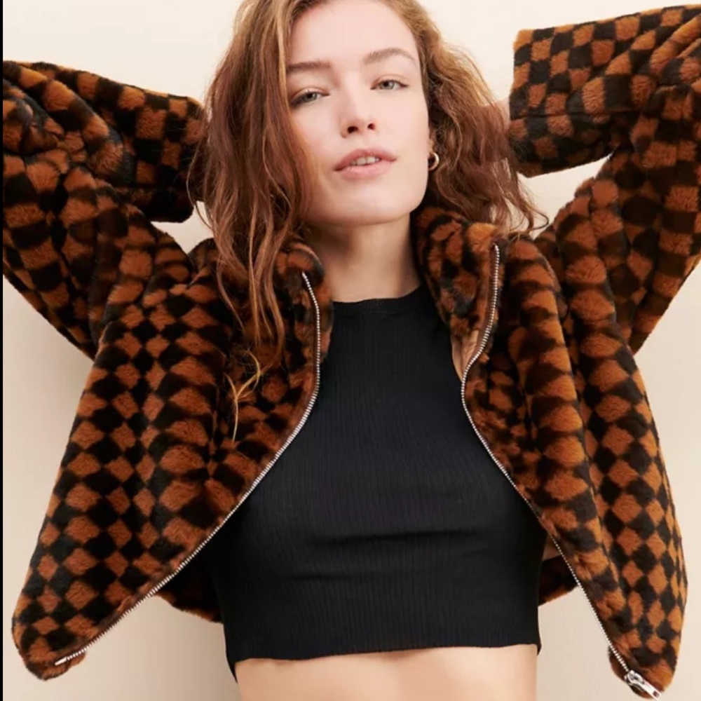 Le Lis Faux Fur Checkerboard Cropped Jacket